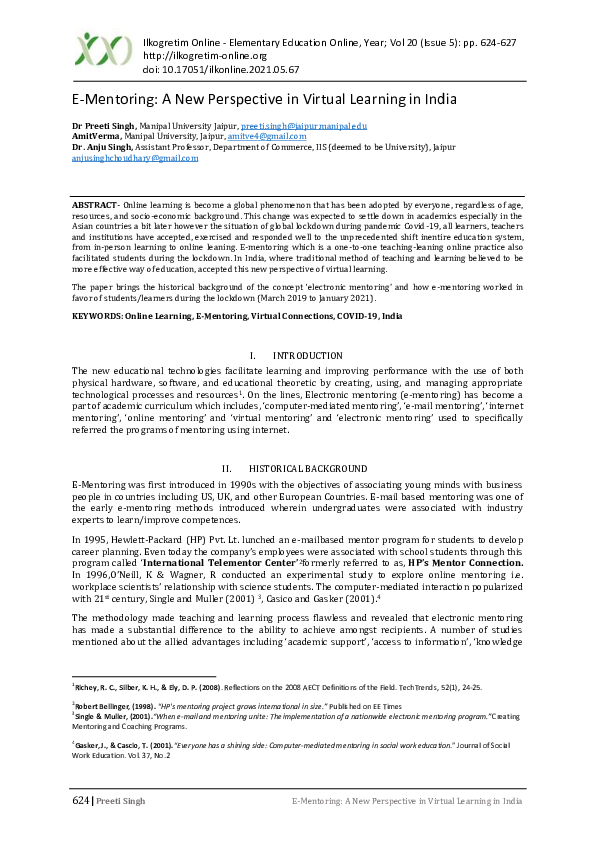 (PDF) E-Mentoring: A New Perspective in Virtual Learning in India