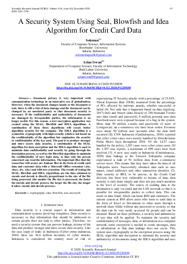 (PDF) A Security System Using Seal, Blowfish and Idea Algorithm for ...