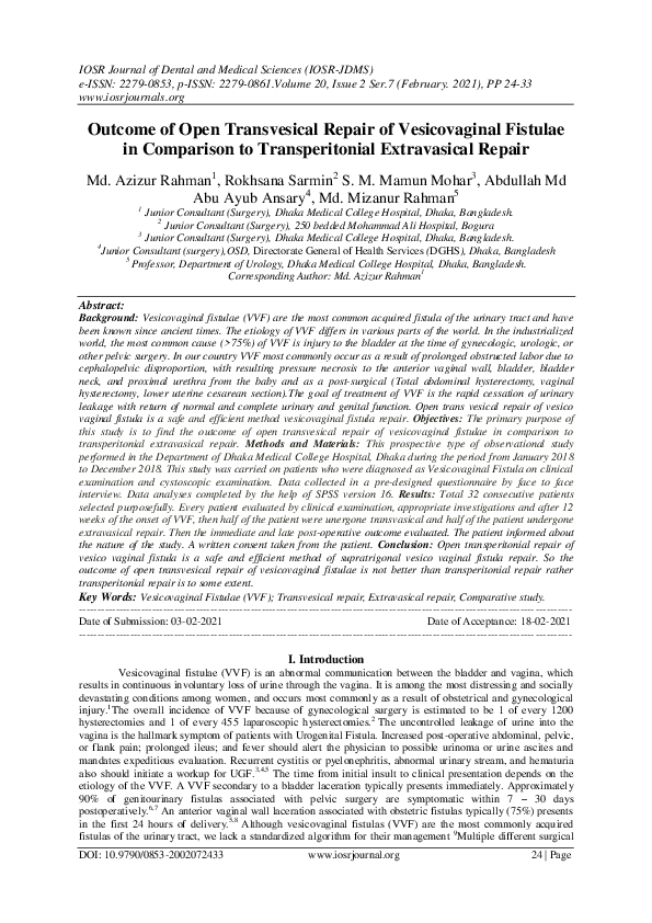 (PDF) Outcome of Open Transvesical Repair of Vesicovaginal Fistulae in ...