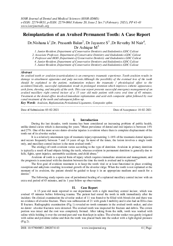 (PDF) Reimplantation of an Avulsed Permanent Tooth: A Case Report