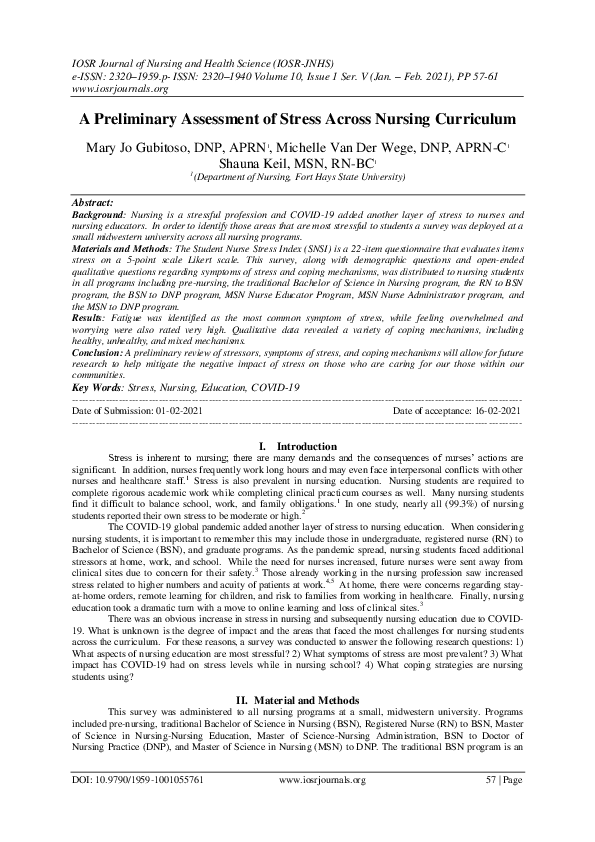 (PDF) A Preliminary Assessment of Stress Across Nursing Curriculum