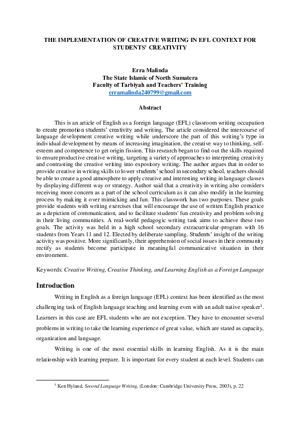 (PDF) THE IMPLEMENTATION OF CREATIVE WRITING IN EFL CONTEXT FOR ...