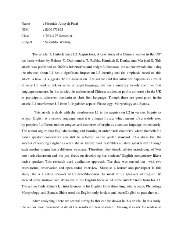 (PDF) CRITICAL READING ESSAY:L1 Interference on L2 Acquisition: A Case ...
