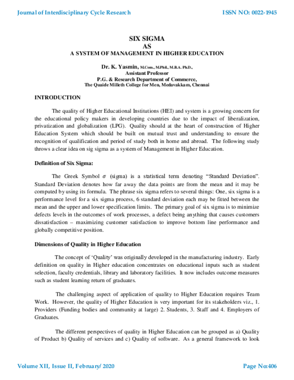 (PDF) SIX SIGMA AS A SYSTEM OF MANAGEMENT IN HIGHER EDUCATION