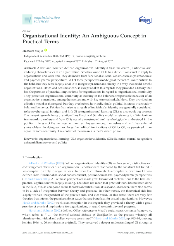 (PDF) Organizational Identity: An Ambiguous Concept in Practical Terms