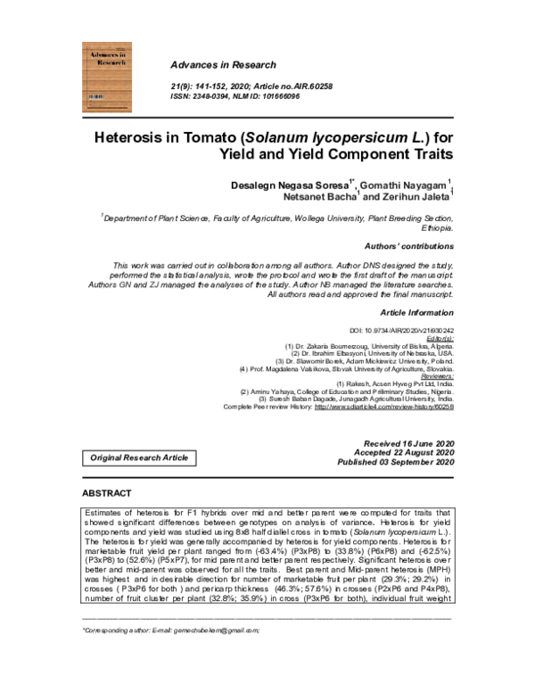 (PDF) Heterosis in Tomato (Solanum lycopersicum L.) for Yield and Yield ...
