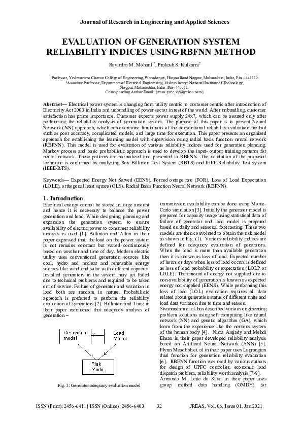(PDF) EVALUATION OF GENERATION SYSTEM RELIABILITY INDICES USING RBFNN ...