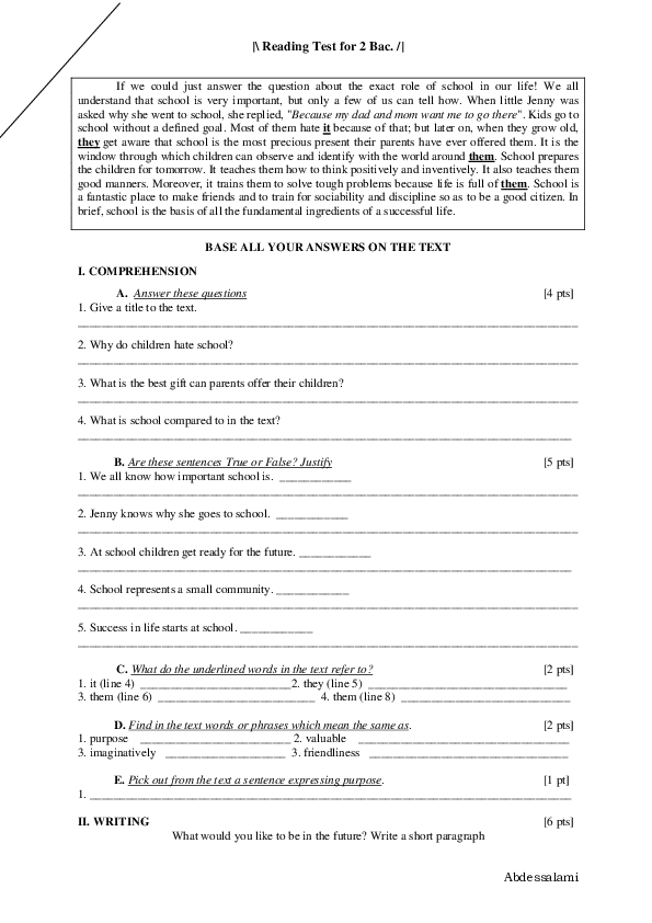 (PDF) 2 Bac. Reading Test (s1 21) Mubarak Abdessalami Academia.edu