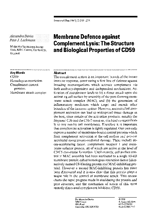 (PDF) Membrane defence against complement lysis: The structure and ...