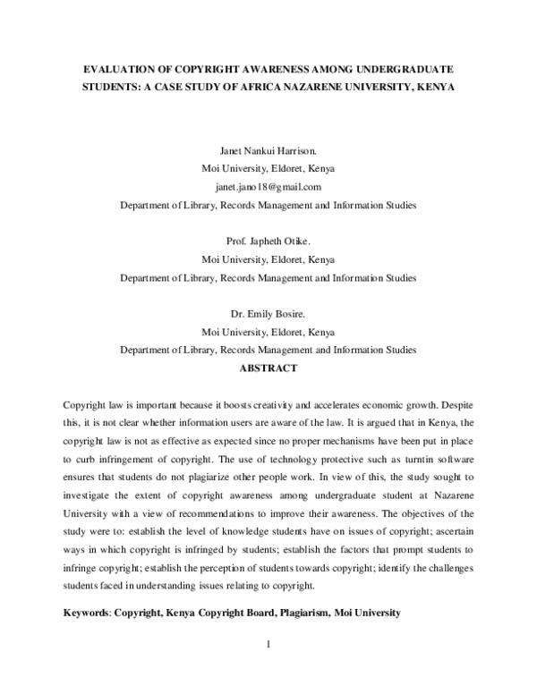(PDF) EVALUATION OF COPYRIGHT AWARENESS AMONG UNDERGRADUATE STUDENTS: A ...