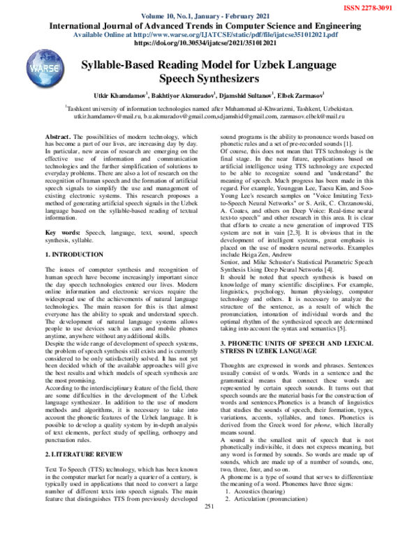 (PDF) Syllable-Based Reading Model for Uzbek Language Speech Synthesizers