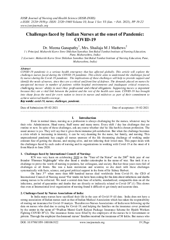 (PDF) Challenges faced by Indian Nurses at the onset of Pandemic: COVID-19