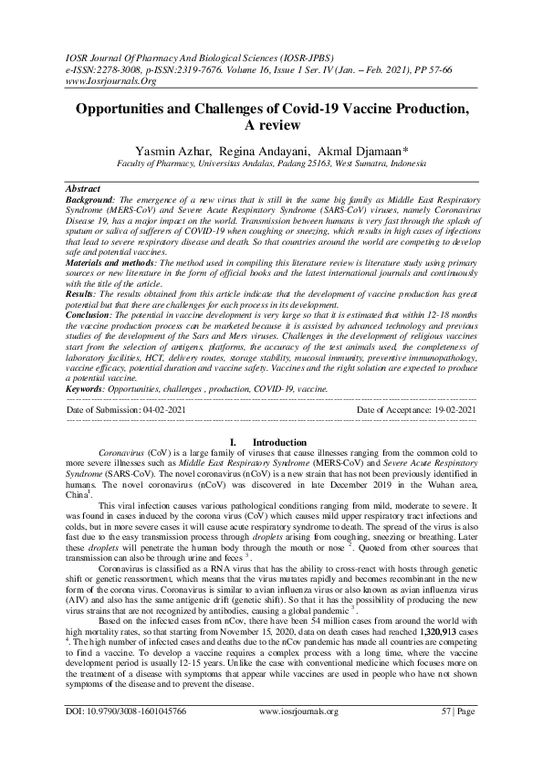 (PDF) Opportunities and Challenges of Covid-19 Vaccine Production, A review