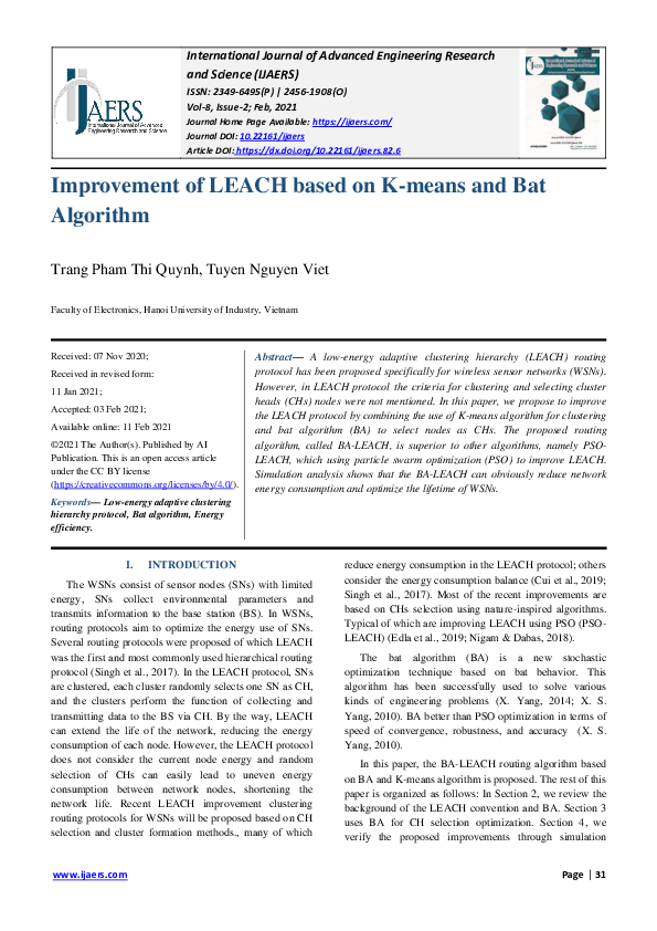 (PDF) Improvement of LEACH based on K-means and Bat Algorithm