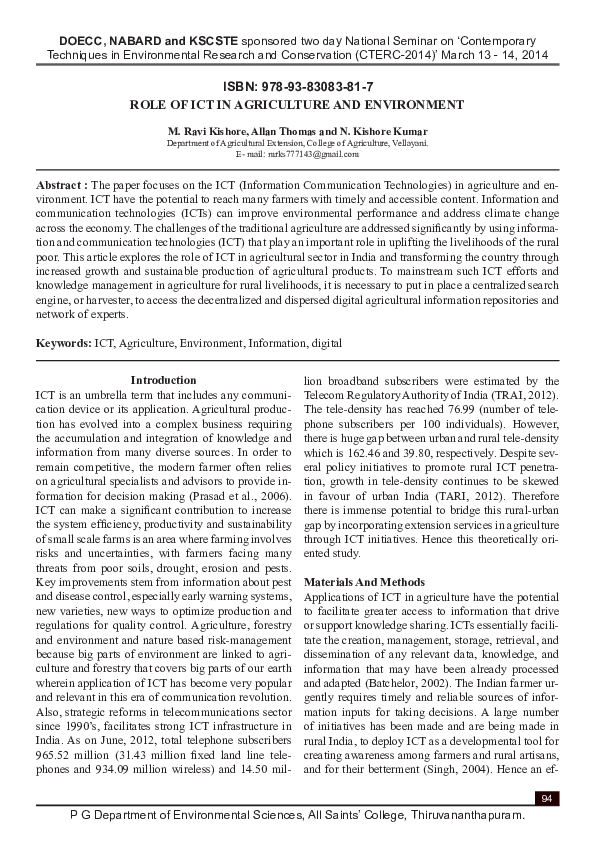 (PDF) ROLE OF ICT IN AGRICULTURE AND ENVIRONMENT