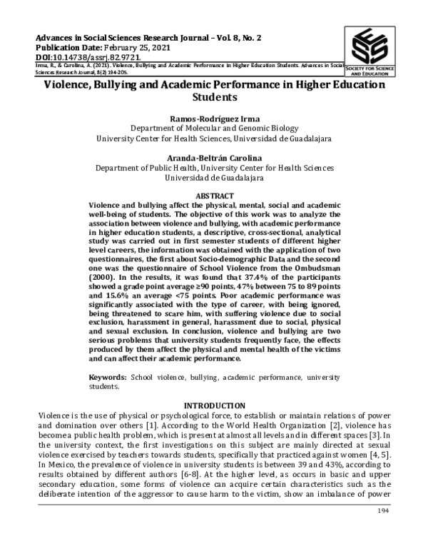(PDF) Violence, Bullying and Academic Performance in Higher Education ...