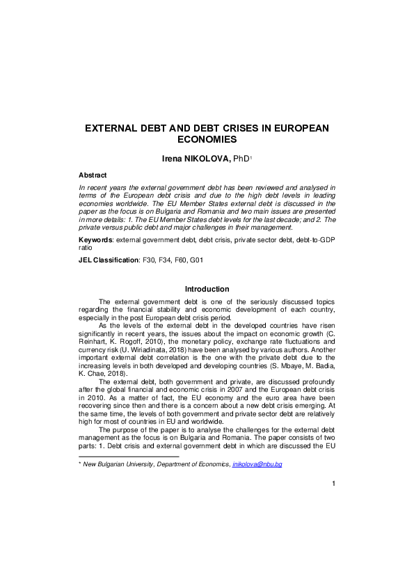 (PDF) External Debt and Debt Crises in European Economies