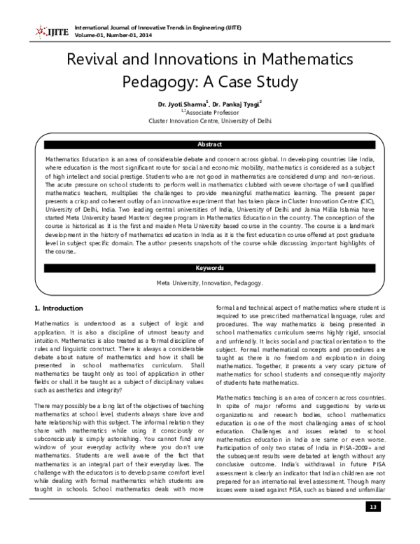(PDF) Revival and Innovations in Mathematics Pedagogy: A Case Study