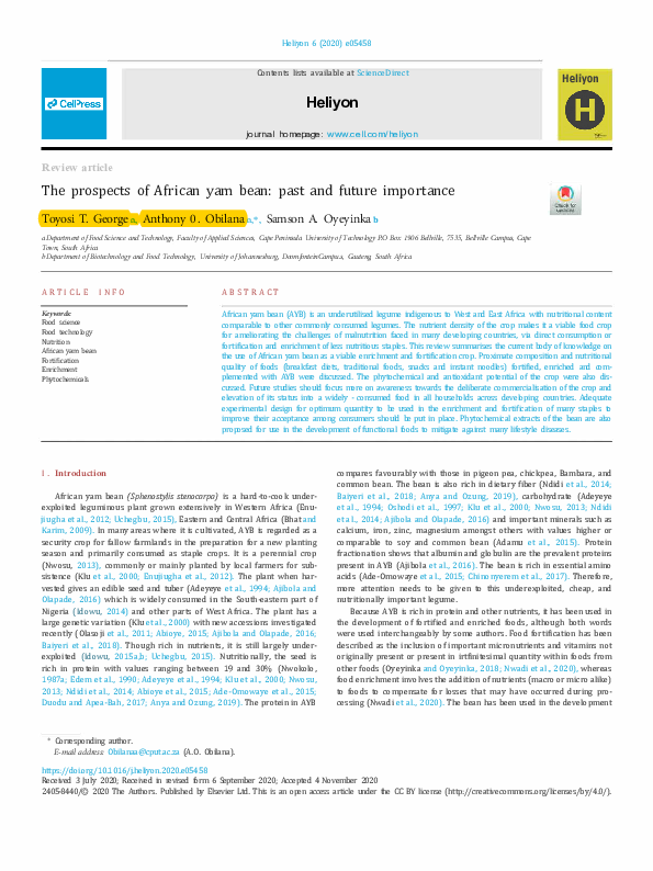 (PDF) Heliyon 6 (2020) e05458 Heliyon The prospects of African yam bean