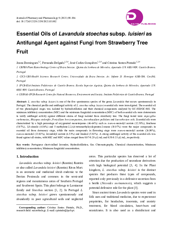 (PDF) Essential Oils of Lavandula stoechas subsp. luisieri as ...