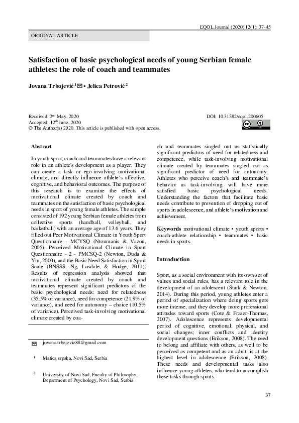 (PDF) Satisfaction of basic psychological needs of young Serbian female ...