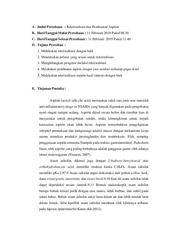 (PDF) LAPORAN PRAKTIKUM REKRISTALISASI DAN PEMBUATAN ASPIRIN Nabiilah