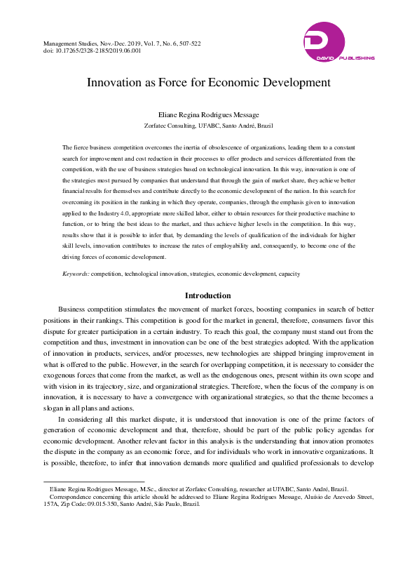 (PDF) Innovation as Force for Economic Development