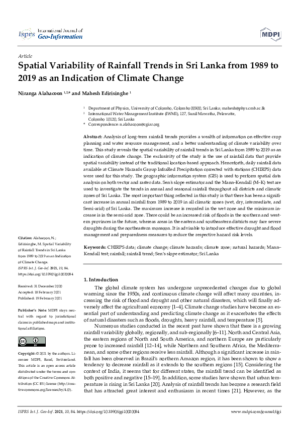 (PDF) Spatial Variability of Rainfall Trends in Sri Lanka from 1989 to ...