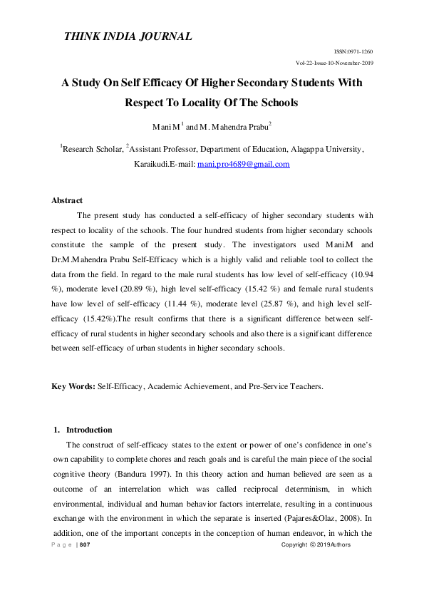 (PDF) A Study On Self Efficacy Of Higher Secondary Students With ...