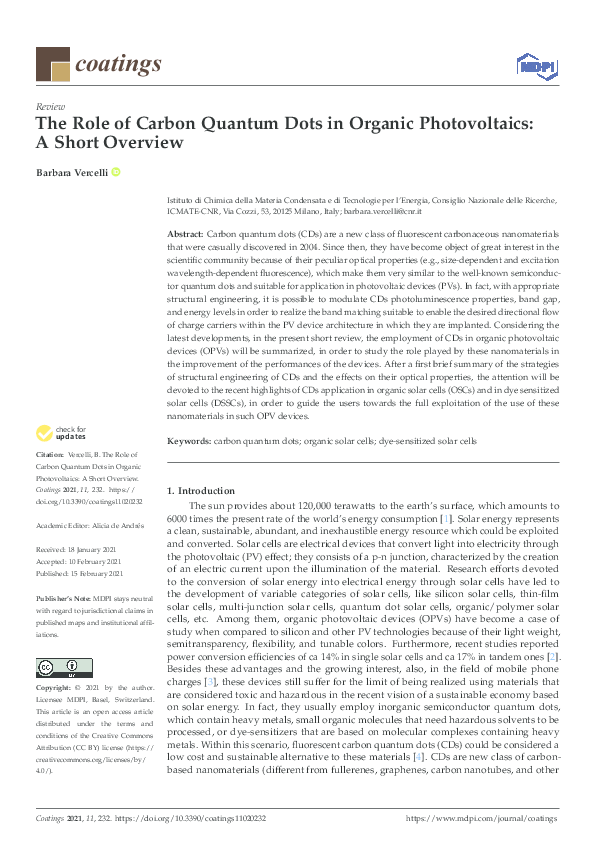 (PDF) coatings The Role of Carbon Quantum Dots in Organic Photovoltaics ...