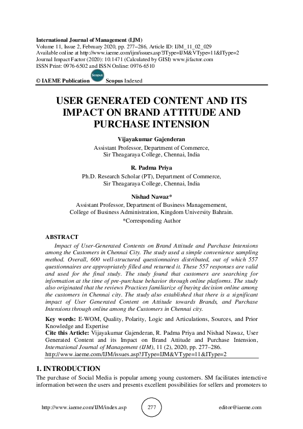 (PDF) USER GENERATED CONTENT AND ITS IMPACT ON BRAND ATTITUDE AND ...