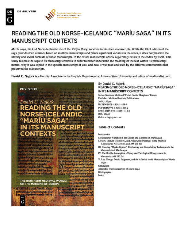 (PDF) Reading the Old Norse-Icelandic Maríu saga in its Manuscript Contexts