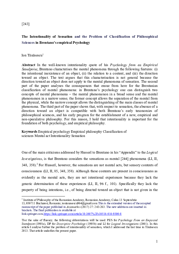 (PDF) The Intentionality of Sensation and the Problem of Classification ...