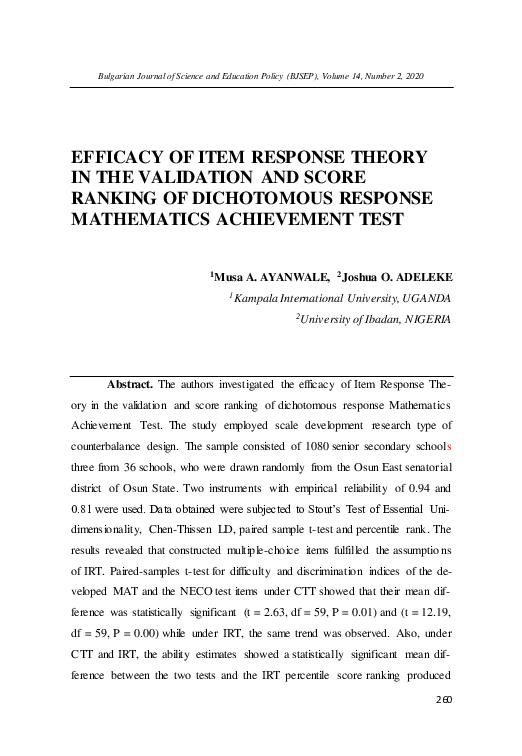 (PDF) EFFICACY OF ITEM RESPONSE THEORY IN THE VALIDATION AND SCORE ...
