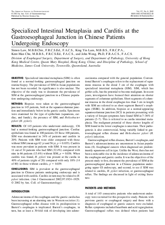 (PDF) Specialized intestinal metaplasia and carditis at the ...