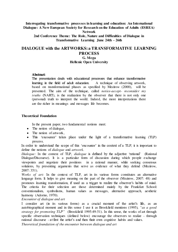 (PDF) DIALOGUE with the ARTWORKS A TRANSFORMATIVE LEARNING PROCESS