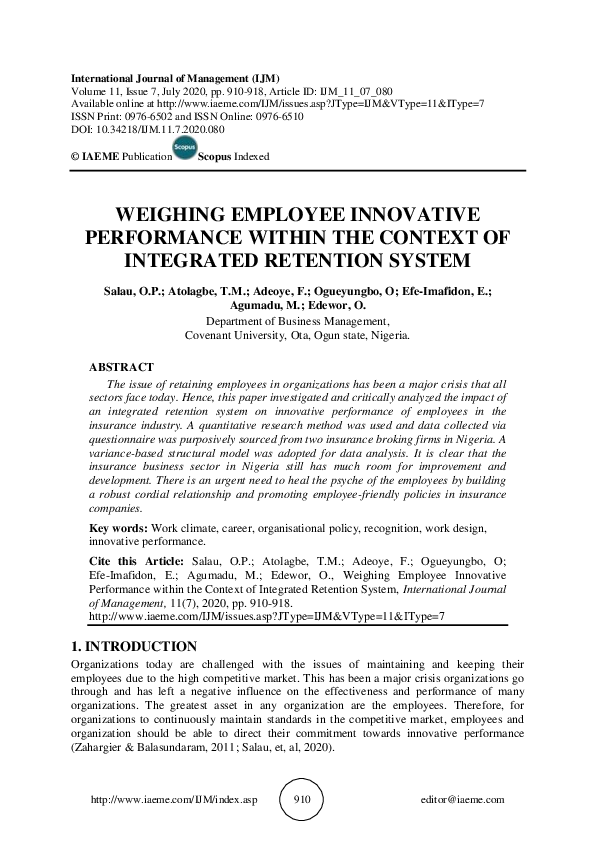 WEIGHING EMPLOYEE INNOVATIVE PERFORMANCE WITHIN THE CONTEXT OF INTEGRATED RETENTION SYSTEM