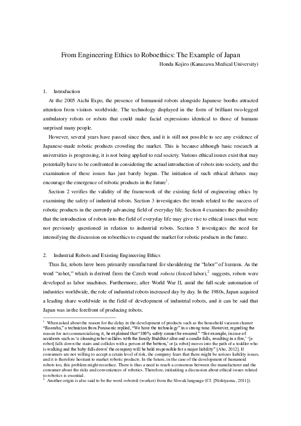 (PDF) From Engineering Ethics to Roboethics: The Example of Japan