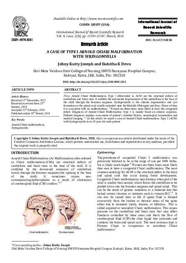 (PDF) A CASE OF TYPE I ARNOLD CHIARI MALFORMATION WITH SYRINGOMYELIA