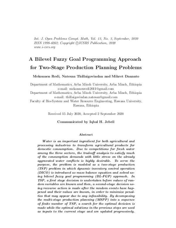 (PDF) A Bilevel Fuzzy Goal Programming Approach for Two-Stage ...