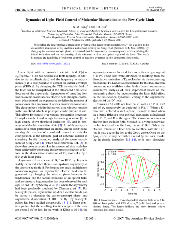 (PDF) Dynamics of Light-Field Control of Molecular Dissociation at the ...
