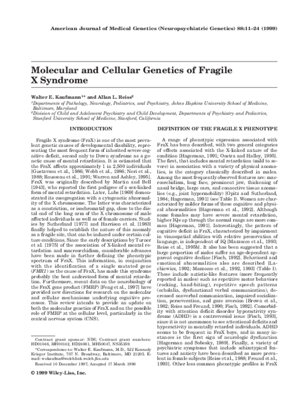 (PDF) Molecular and cellular genetics of fragile X syndrome