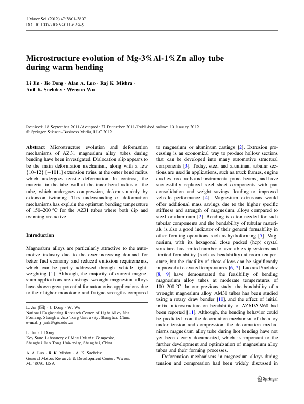 (PDF) Microstructure evolution of Mg-3%Al-1%Zn alloy tube during warm ...