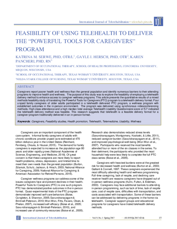 (PDF) Feasibility of Using Telehealth to Deliver the “Powerful Tools ...