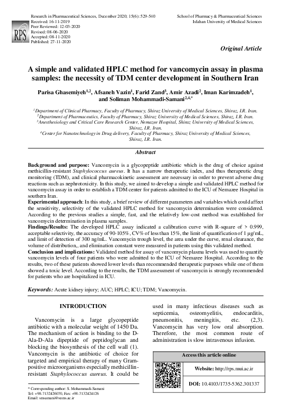 (PDF) A simple and validated HPLC method for vancomycin assay in plasma ...