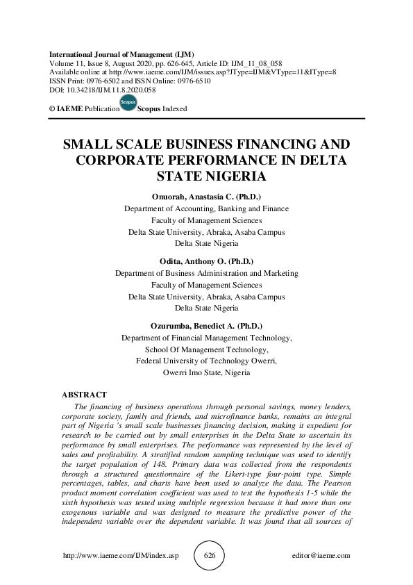 (PDF) SMALL SCALE BUSINESS FINANCING AND CORPORATE PERFORMANCE IN DELTA ...