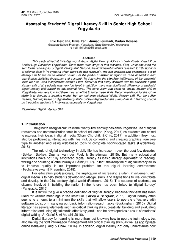 Pdf Assessing Students Digital Literacy Skill In Senior High School