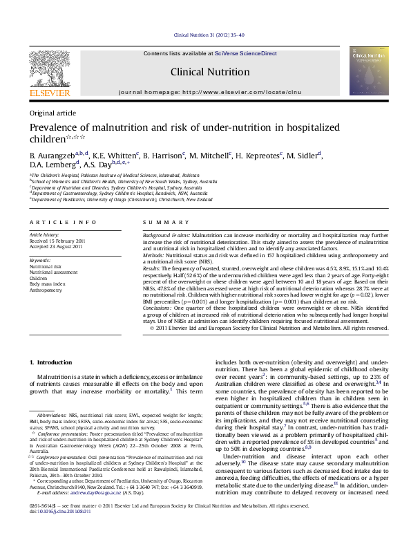 (PDF) Prevalence of malnutrition and risk of under-nutrition in ...