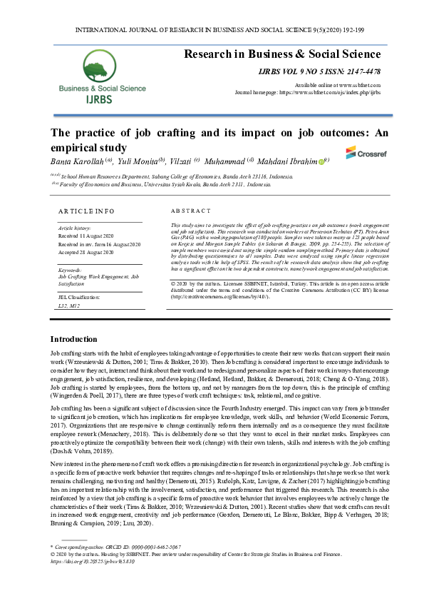 (PDF) The practice of job crafting and its impact on job outcomes