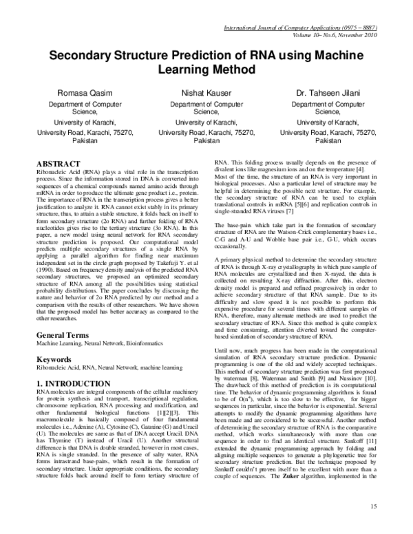 (PDF) Secondary Structure Prediction of RNA using Machine Learning Method